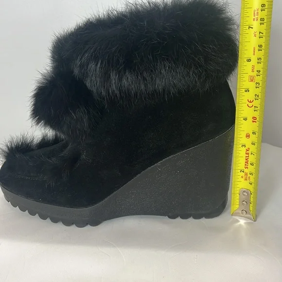 Coach Kataya Wedge Ankle Boots Booties in Black Suede with Black Rabbit Fur Trim - Picture 14 of 17